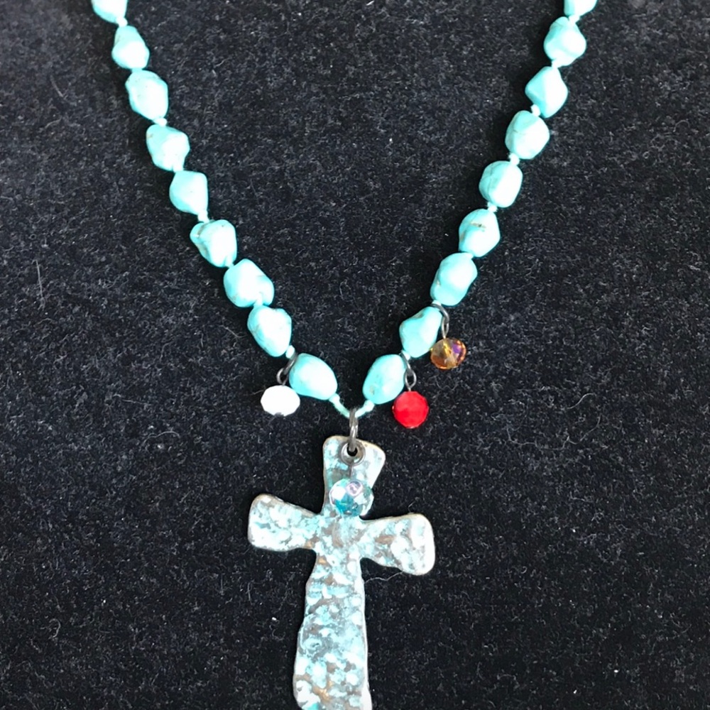 Faux Turquoise stone Necklace with patina cross